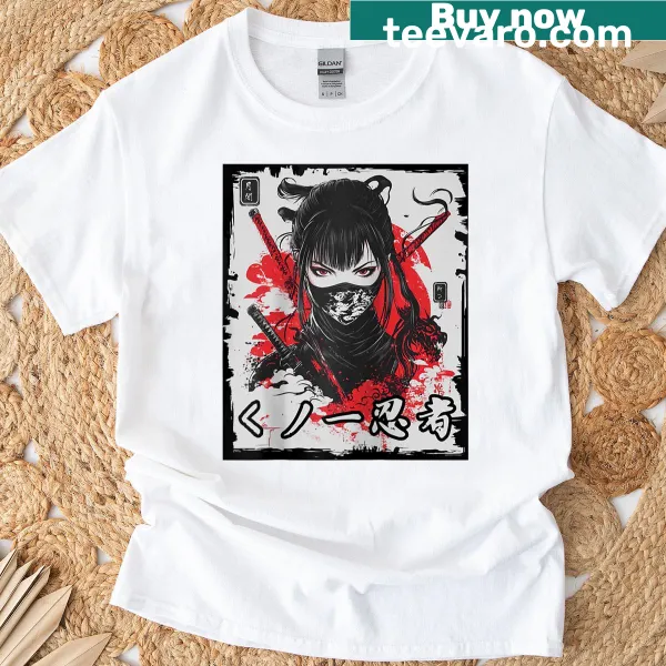 Ninja girl with shadow mask and kanji art on a raglan tee
