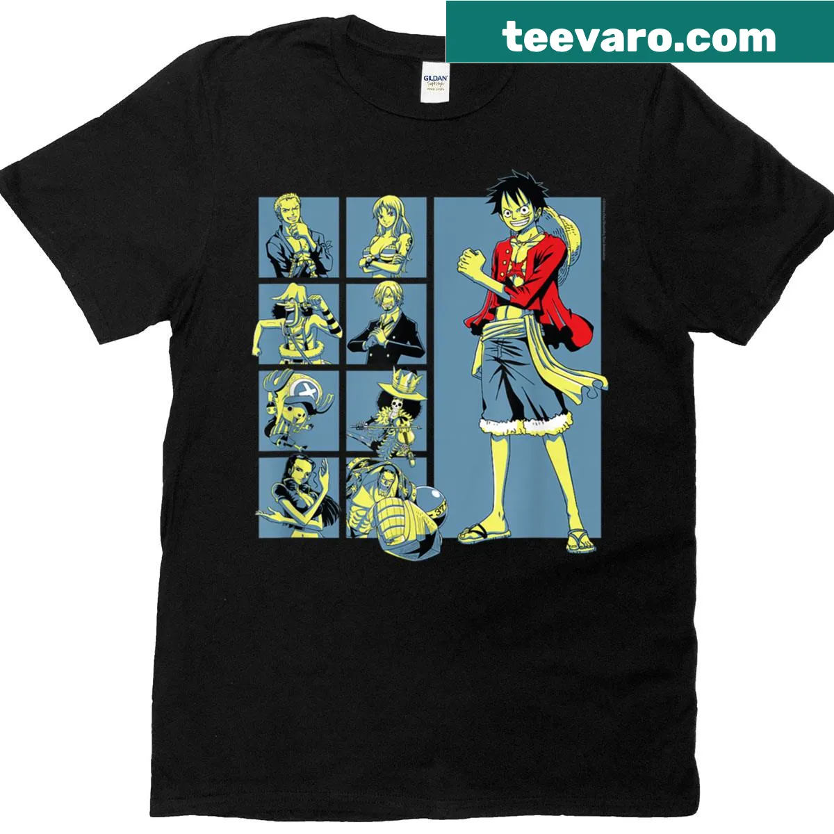 Anime T-shirt featuring a grid of pirate characters — on a men's t-shirt