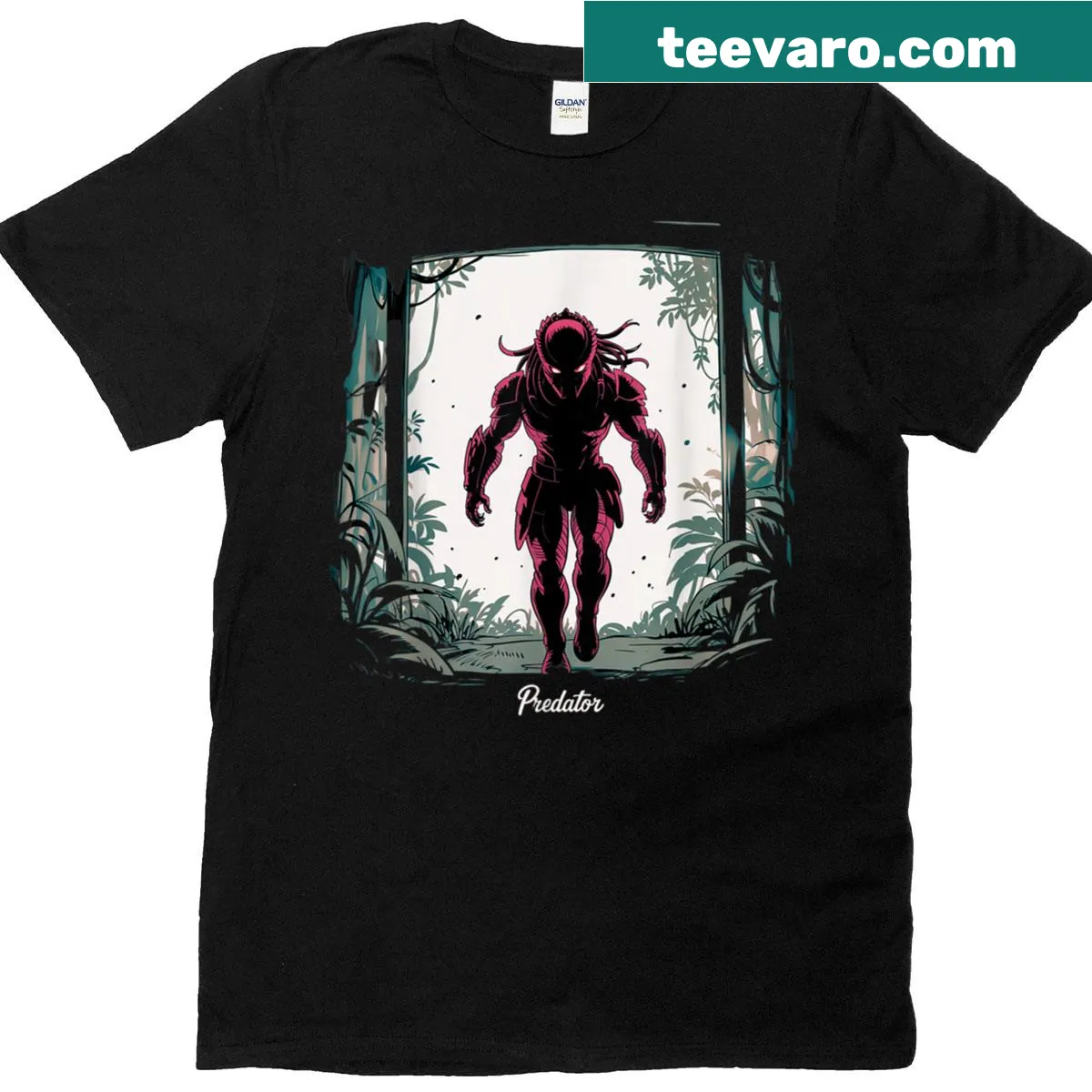 Anime jungle warrior T-shirt with shadow predator design — on a men's t-shirt