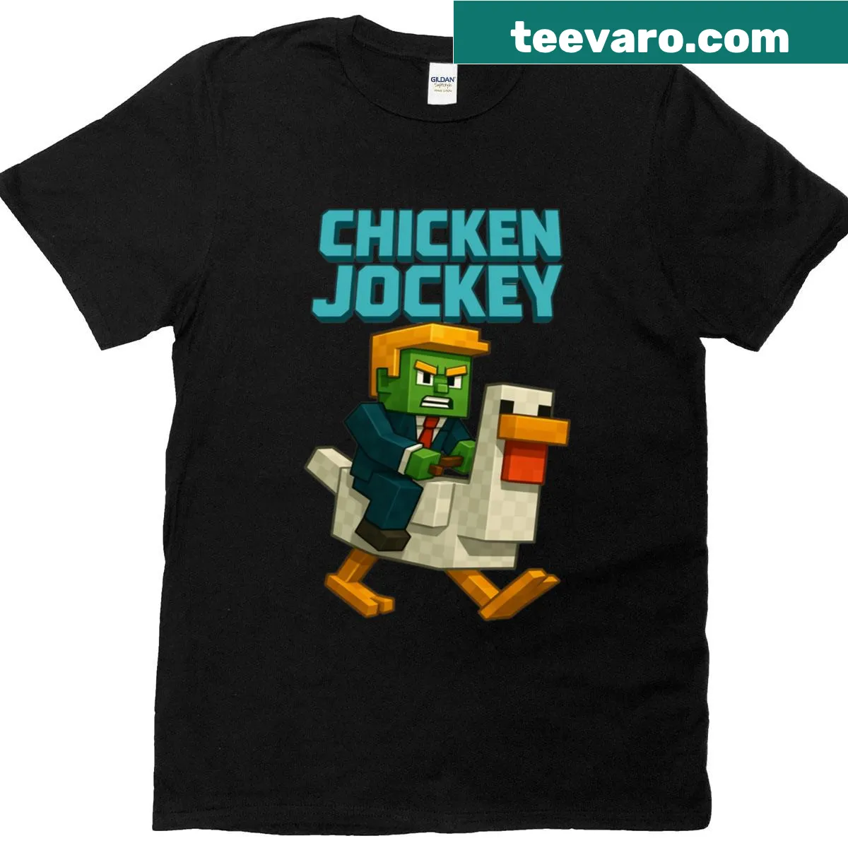 Funny T-shirt with chicken jockey graphic and Minecraft theme — on a men's t-shirt