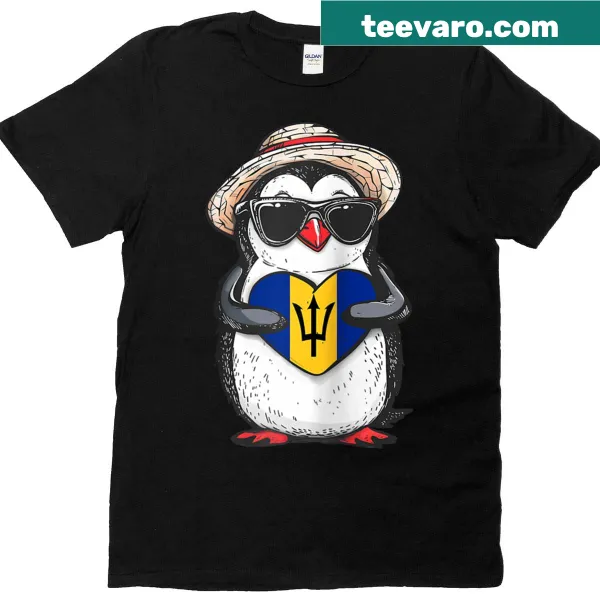 Raglan tee with penguin, trident, and heart design representing Barbados pride