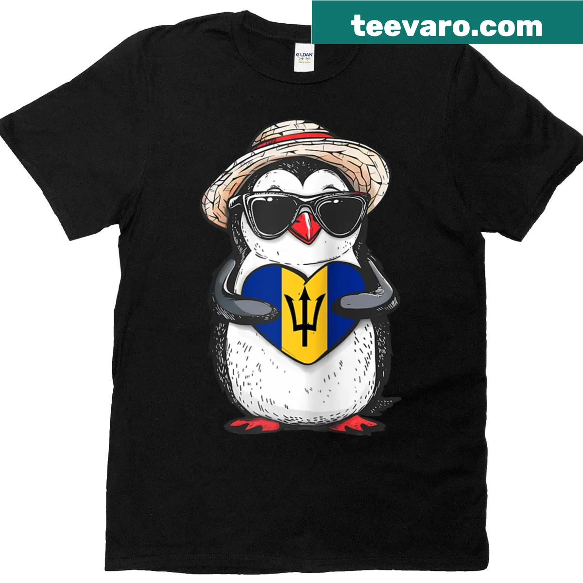 Raglan tee with penguin, trident, and heart design representing Barbados pride — on a men's t-shirt