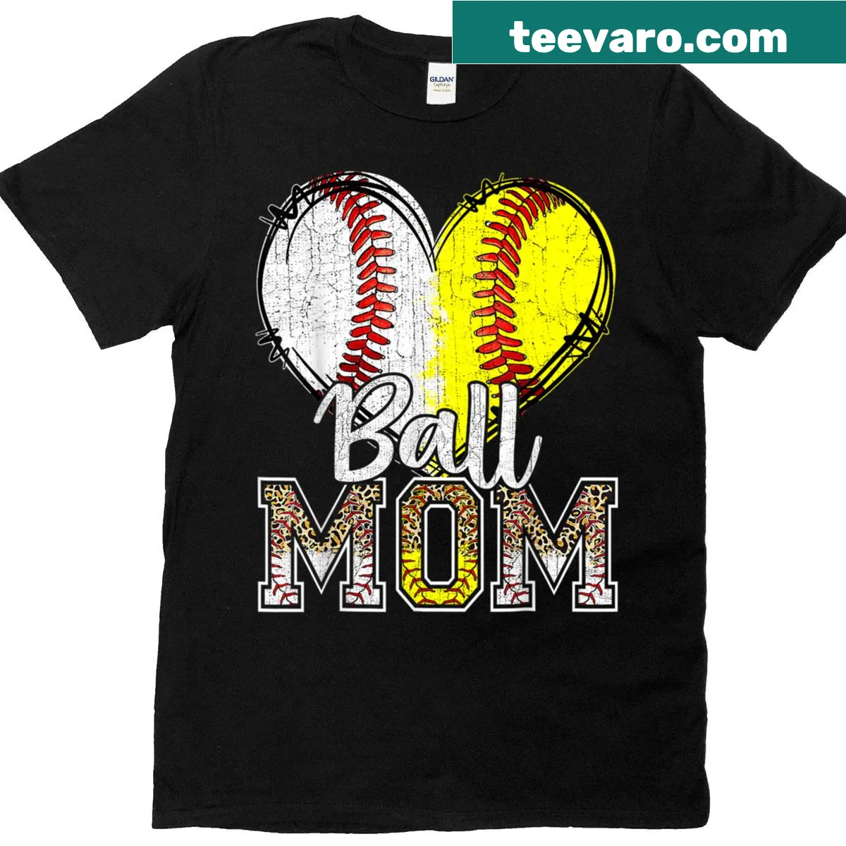Ball Mom graphic with heart design for softball and baseball — on a men's t-shirt