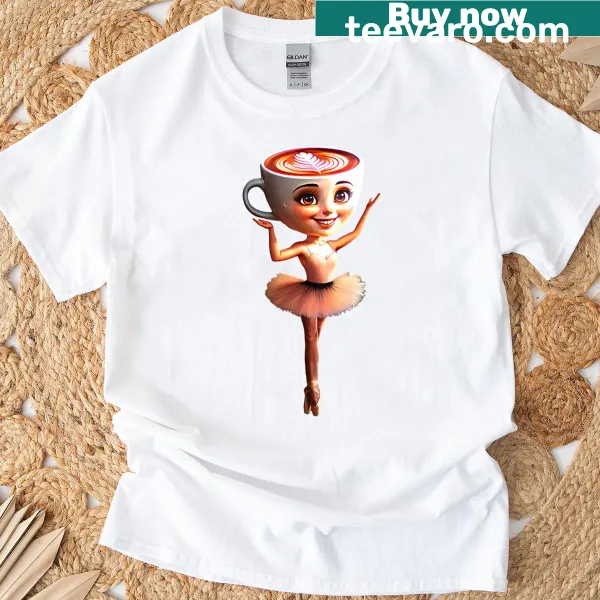Humorous ballet dancer coffee cup graphic on a unique T-shirt