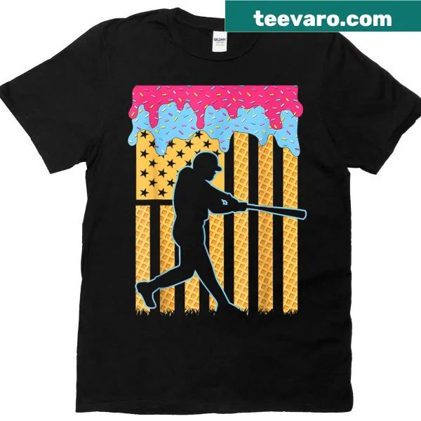 Playful baseball-themed T-shirt with ice cream and American flag design