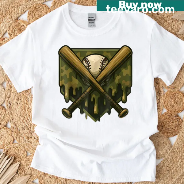 Camo home plate design on a T-shirt for young baseball fans