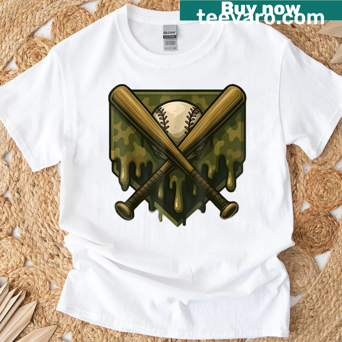 Camo home plate design on a T-shirt for young baseball fans — on a men's t-shirt