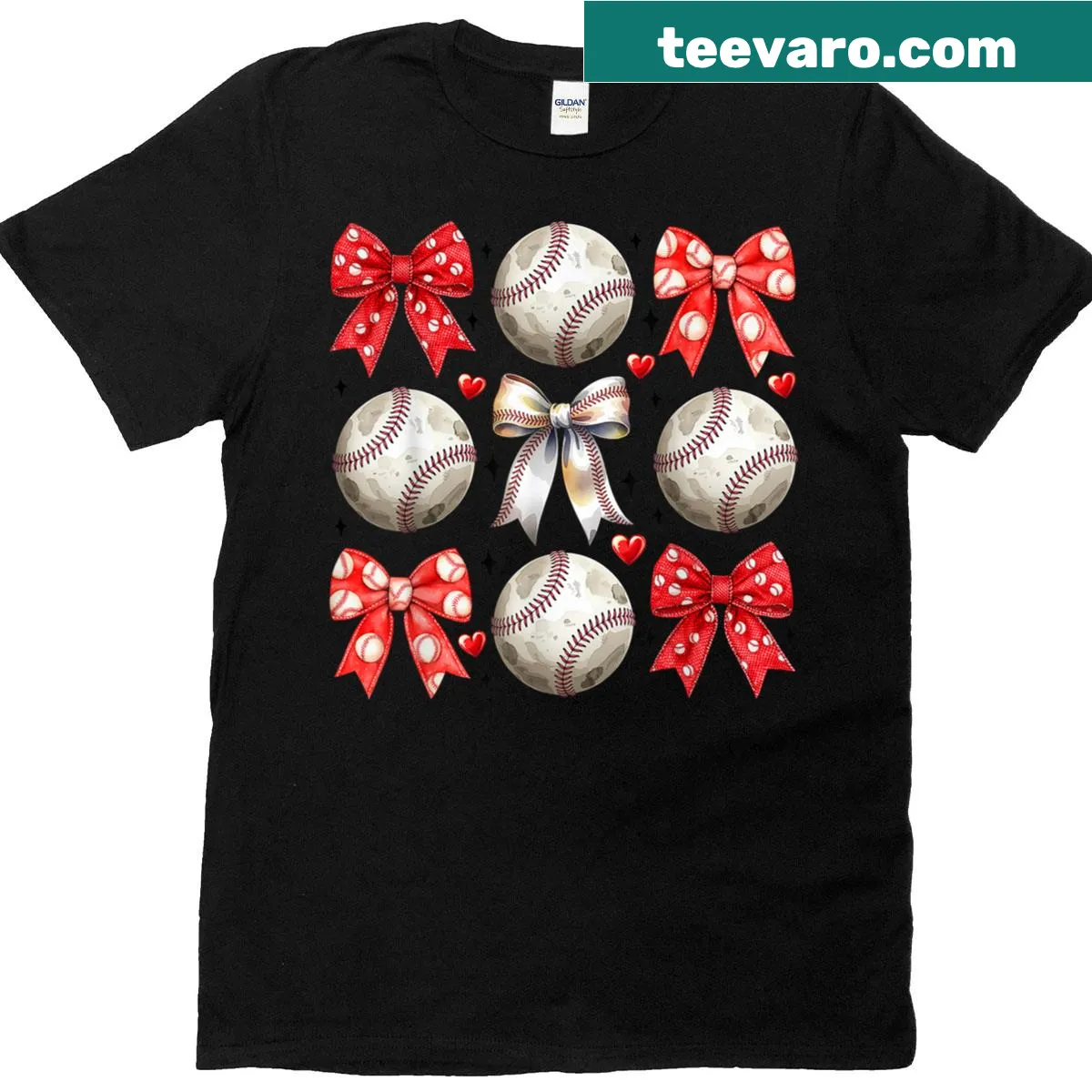 Cute coquette baseball T-shirt with bow and playful graphics — on a men's t-shirt