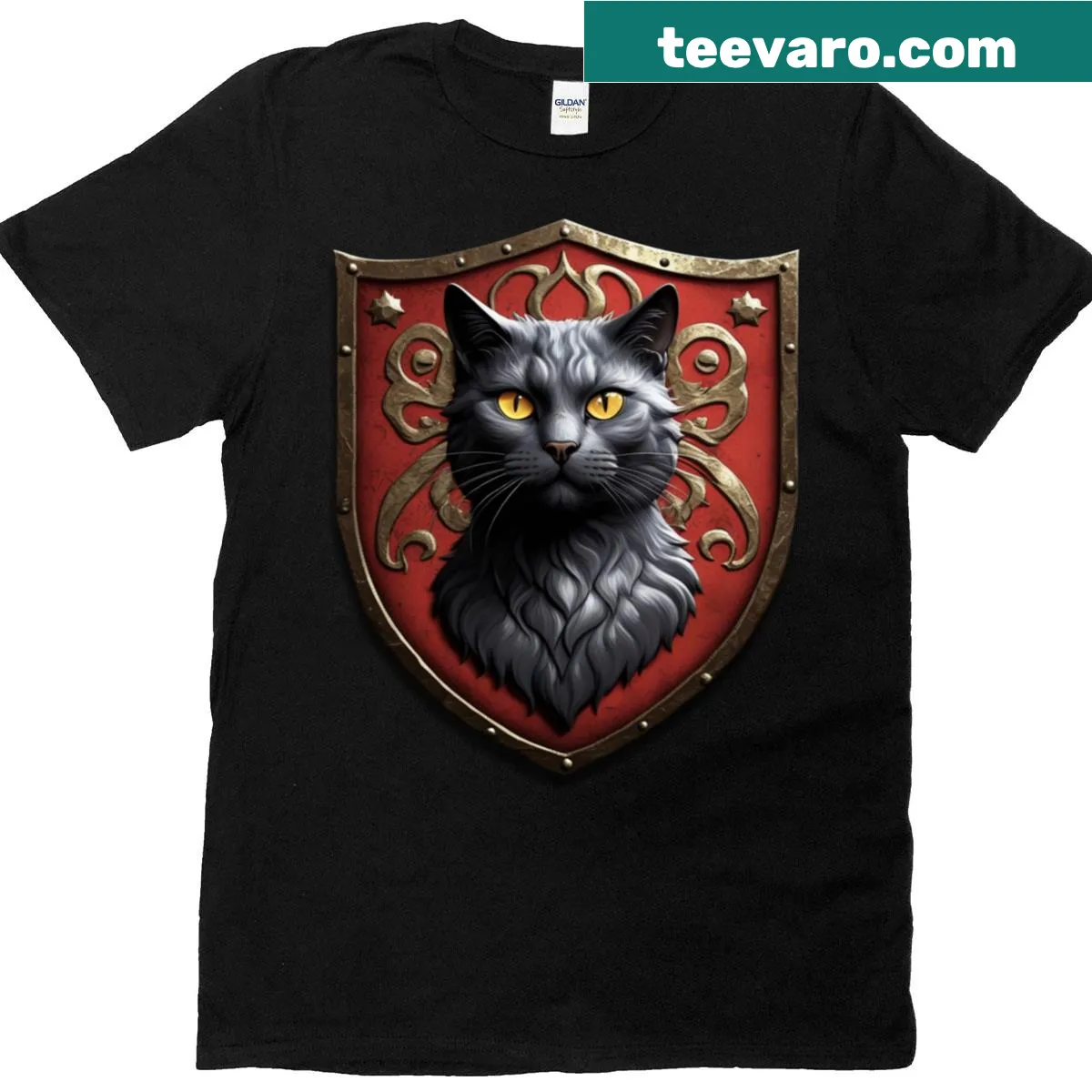 Black t-shirt with a coat of arms design celebrating the Russian Blue cat — on a men's t-shirt