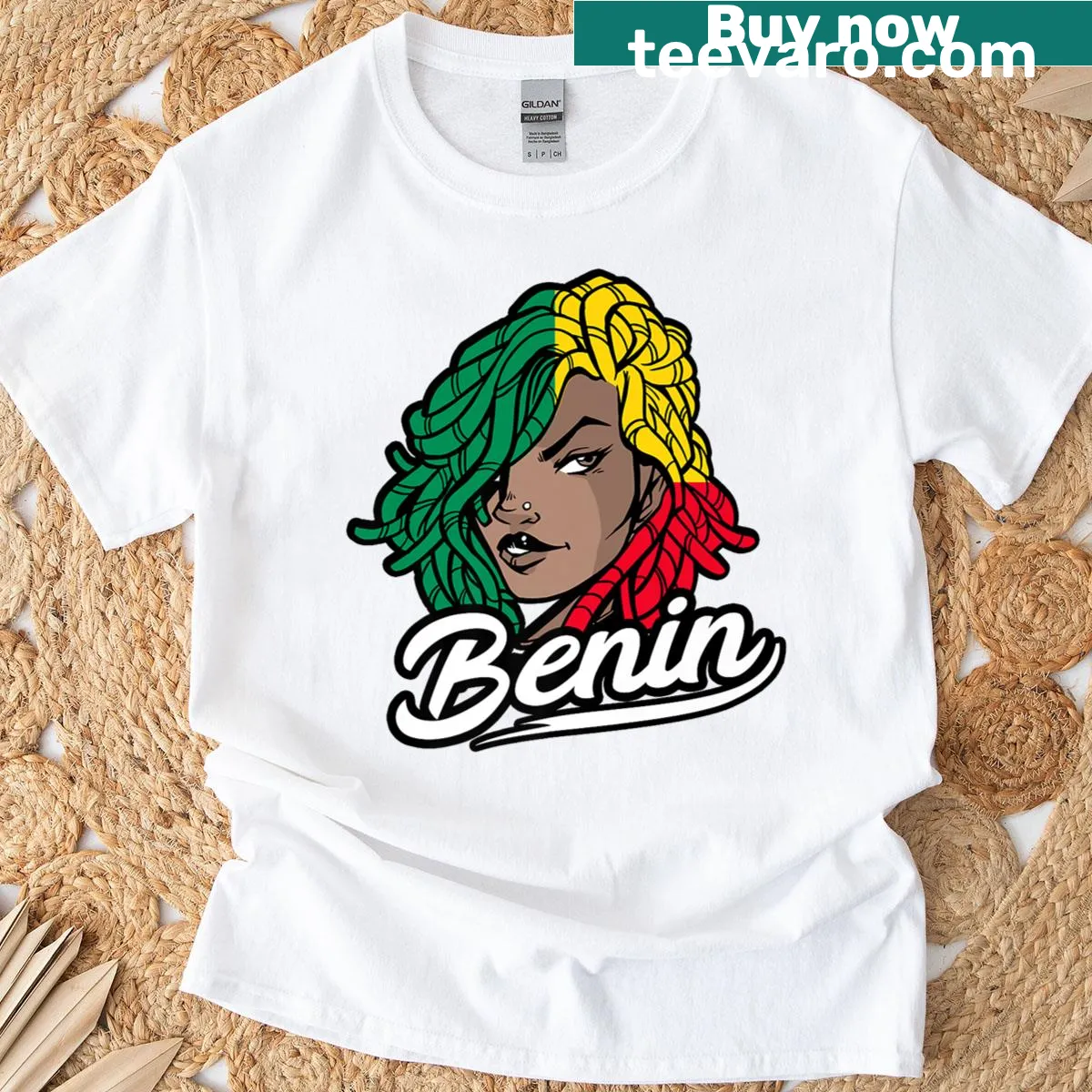 Illustration of a girl with dreadlocks celebrating Beninese roots — on a men's t-shirt