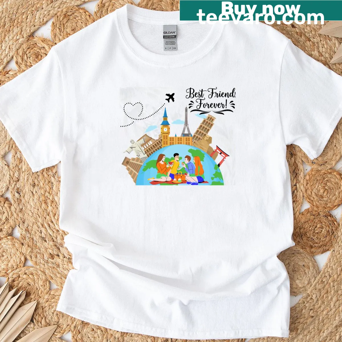 Illustrated design featuring landmarks symbolizing friendship and travel — on a men's t-shirt
