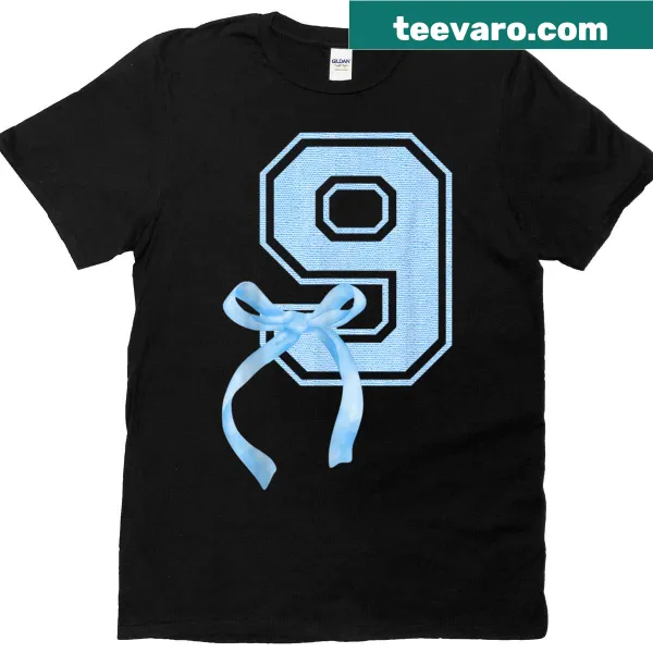 Girly T-shirt with a blue coquette bow design for 9th birthday