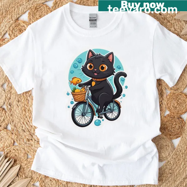 Illustration of a black cat riding a bicycle