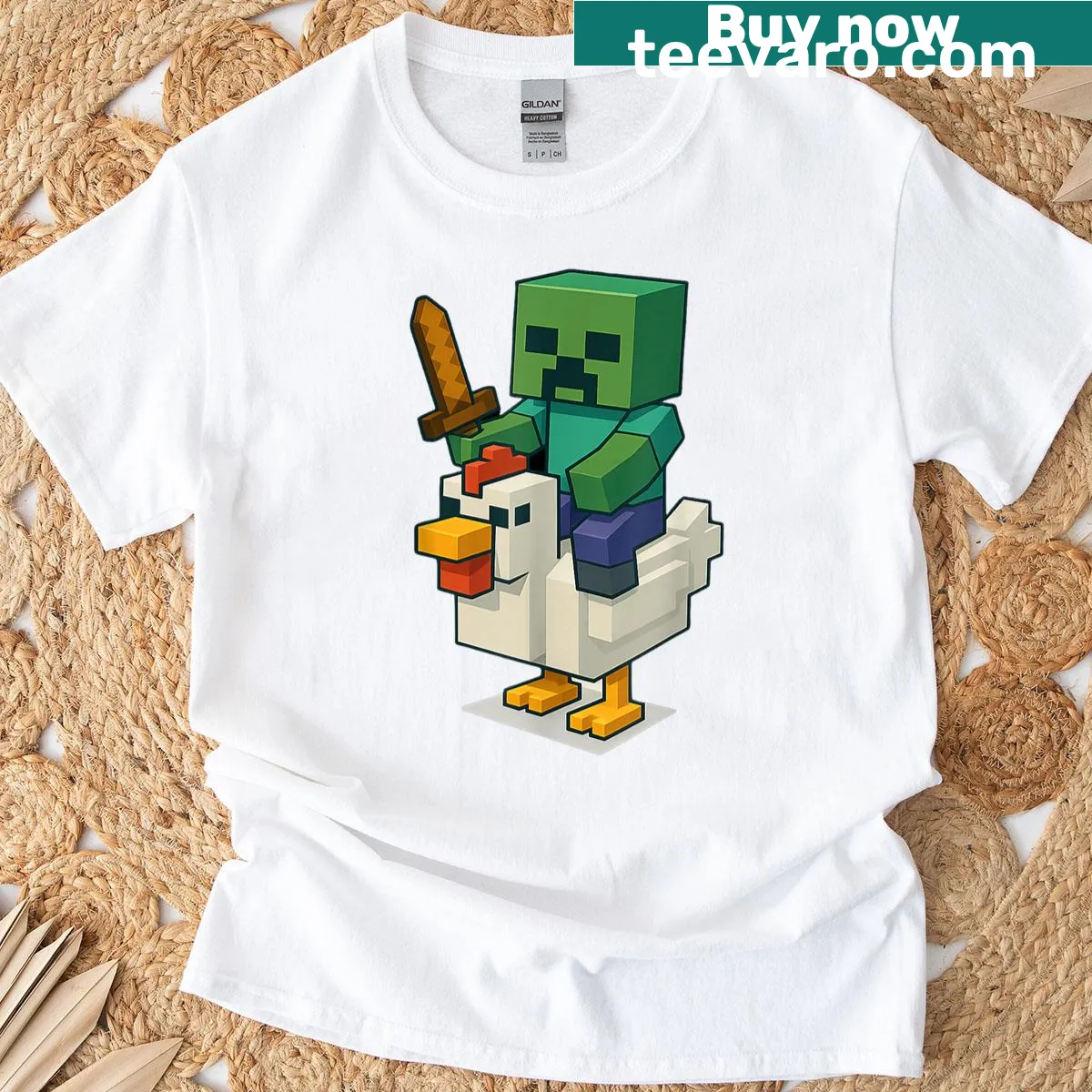 Pixel art of a zombie riding a chicken in a fun cartoon style — on a men's t-shirt