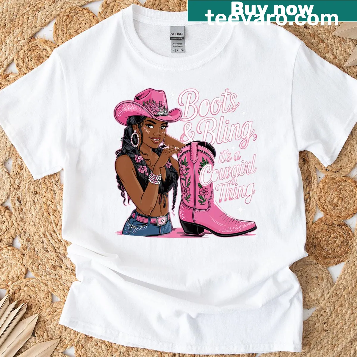 Cowgirl-themed t-shirt with a bold 'Boots and Bling' text design — on a men's t-shirt