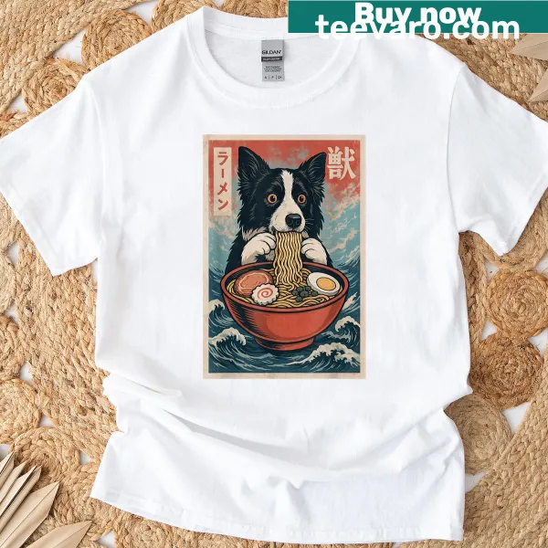 Kawaii Border Collie cartoon eating ramen on T-shirt