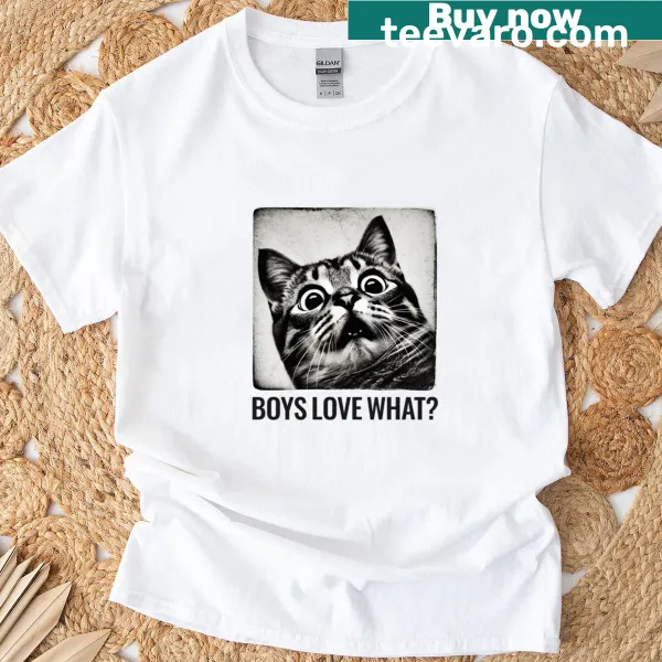 T-shirt with typography asking 'Boys Love What?' in a playful style