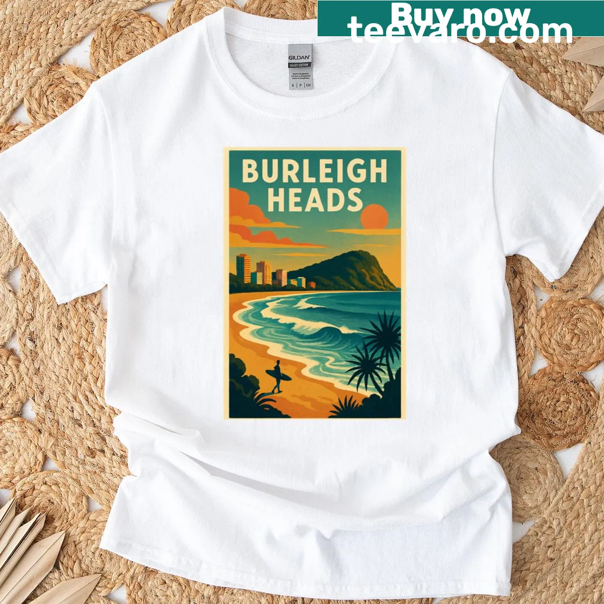 Illustrative T-shirt depicting morning waves at Burleigh Heads Gold Coast — on a men's t-shirt