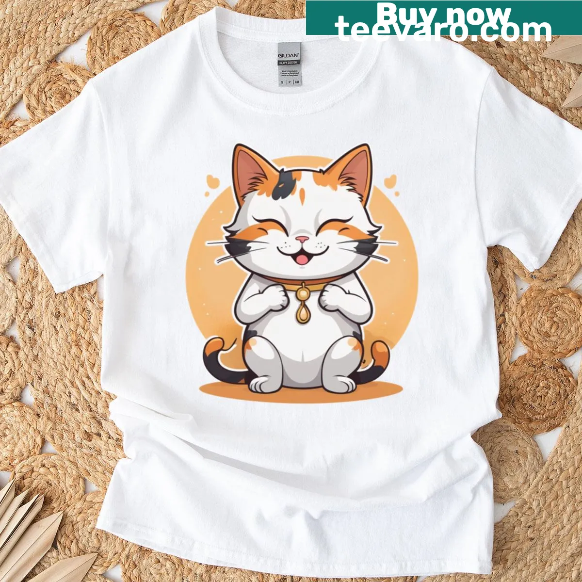 Cheerful calico cat graphic T-shirt for cat lovers — on a men's t-shirt