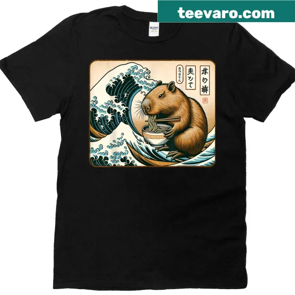 Funny T-shirt with capybara and ramen noodle graphics