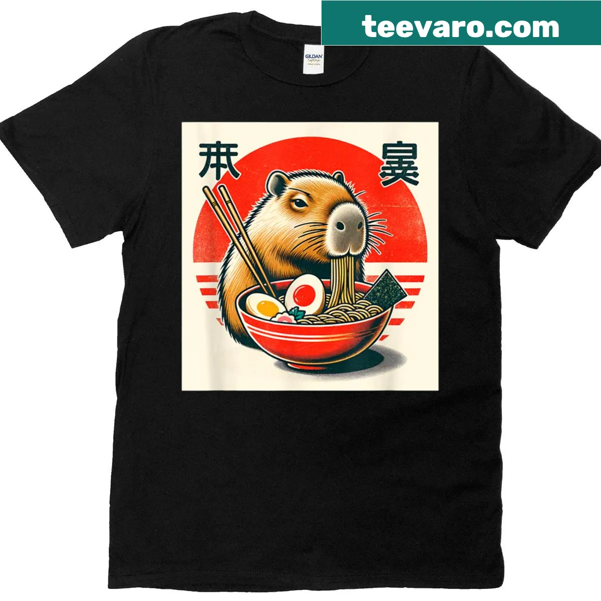 Cute T-shirt with capybara eating ramen noodle graphics — on a men's t-shirt