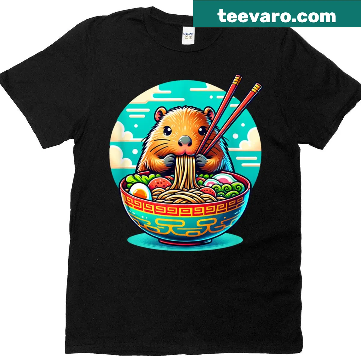 Adorable capybara eating ramen noodles in anime style graphic — on a men's t-shirt