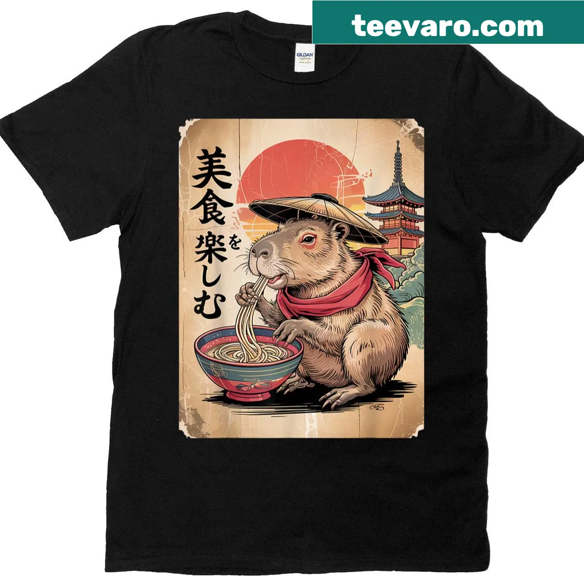 Vintage-style graphic t-shirt featuring a capybara eating ramen — on a men's t-shirt