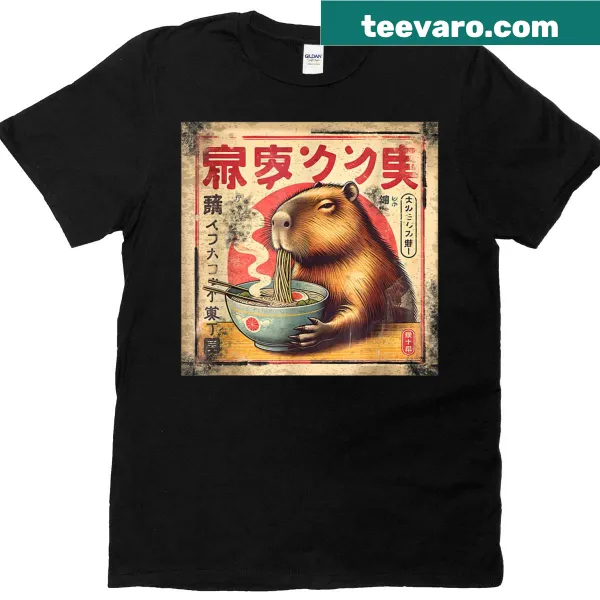 Kawaii anime T-shirt with a capybara enjoying ramen noodles