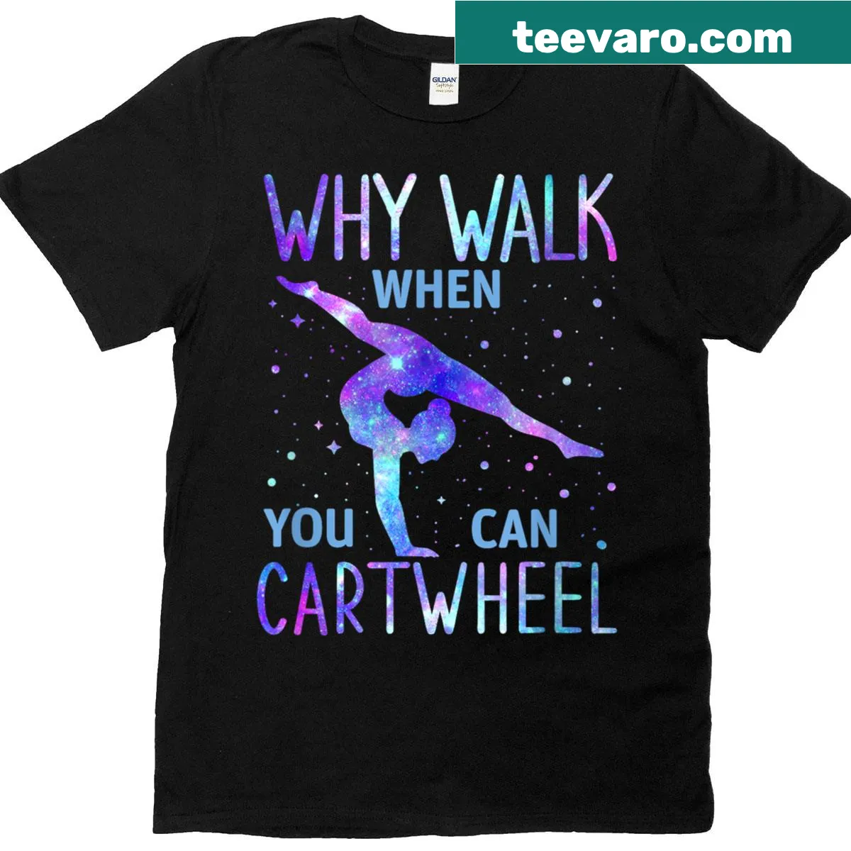 Illustration of a girl performing a cartwheel in a playful design — on a men's t-shirt