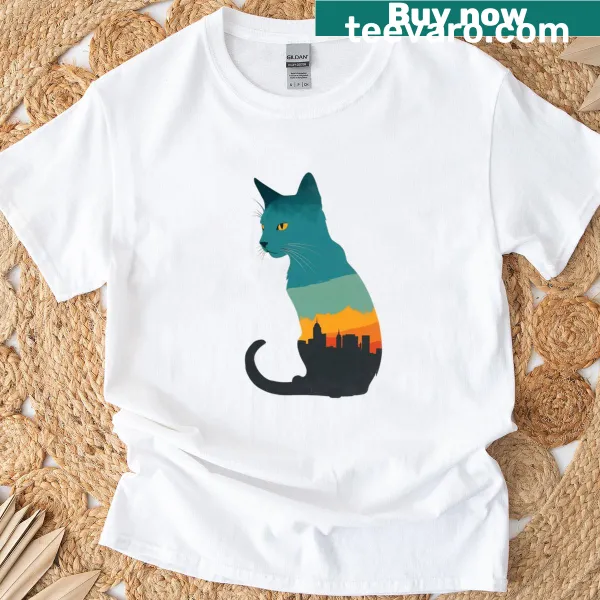 Artistic depiction of a cat on a casual T-shirt.
