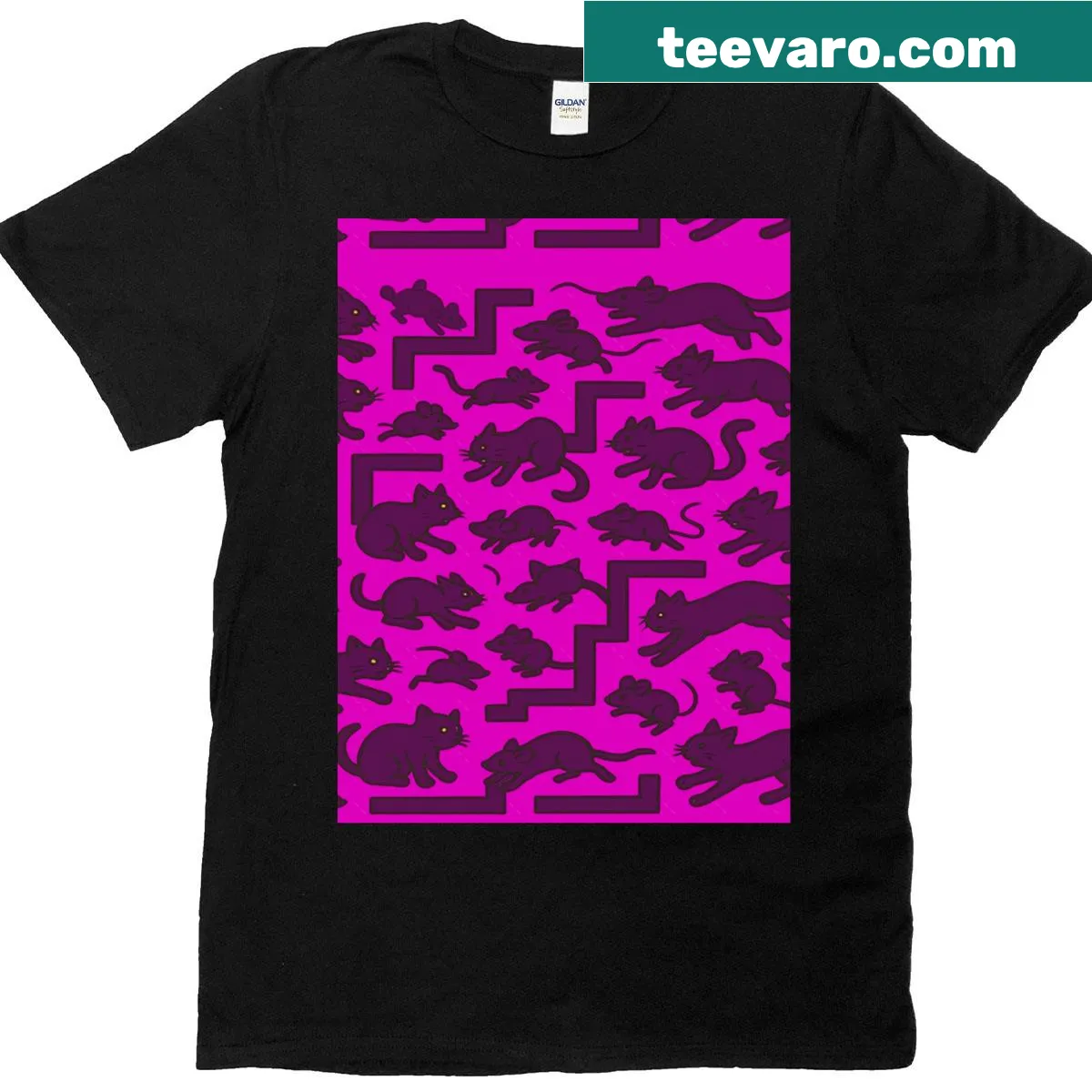 Graphic T-shirt showing a cat chasing a mouse in a maze — on a men's t-shirt