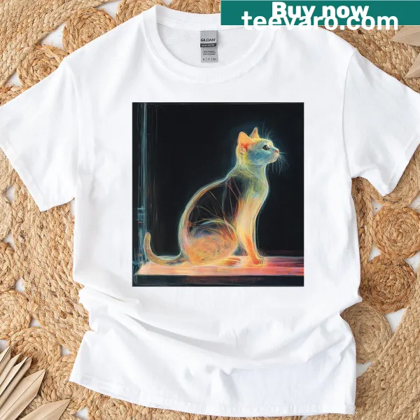 Whimsical design of a cat sitting on a ledge on a T-shirt.