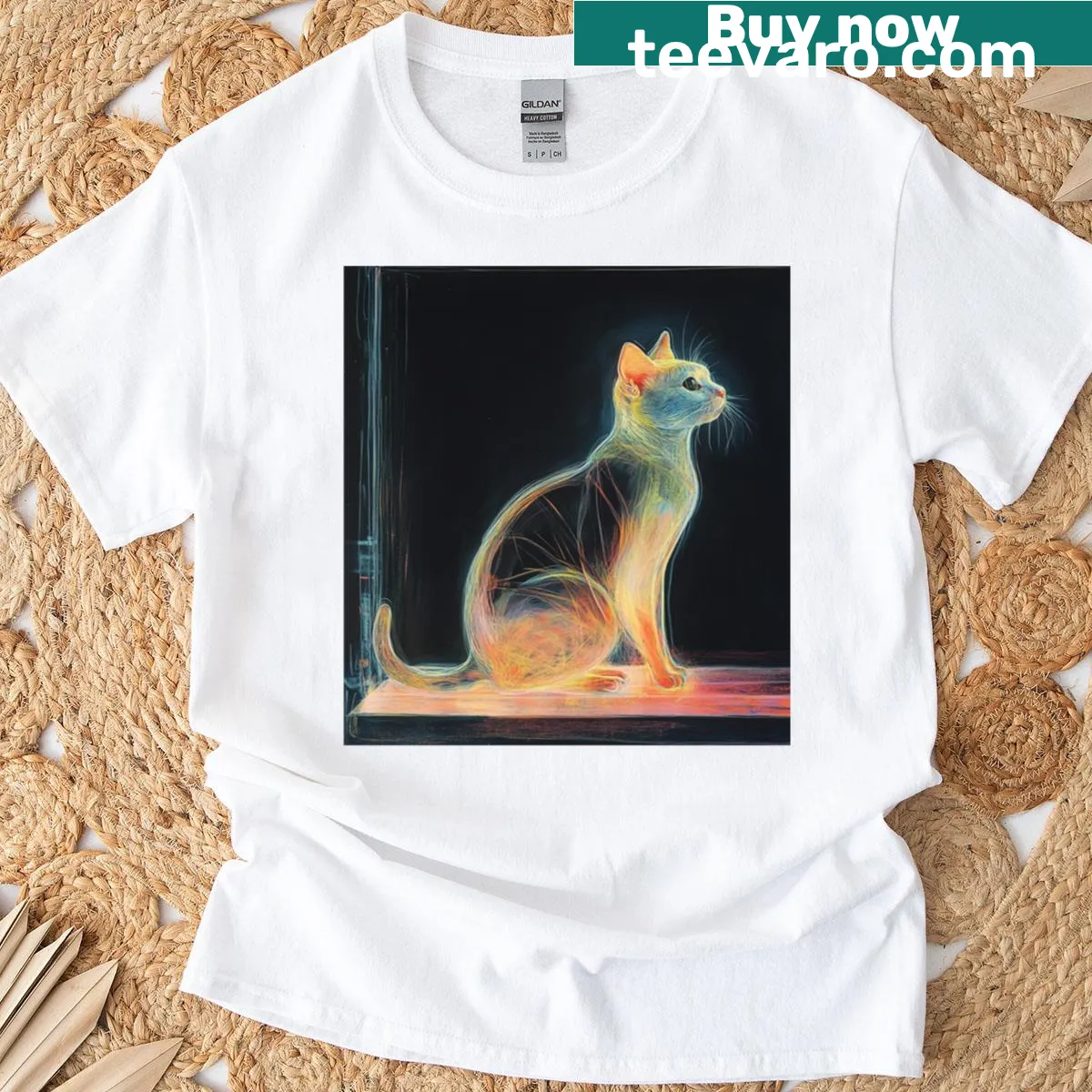 Whimsical design of a cat sitting on a ledge on a T-shirt. — on a men's t-shirt