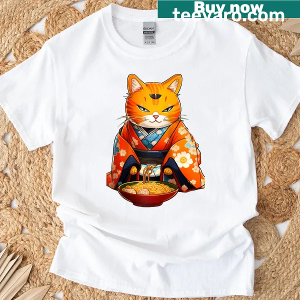 Funny cat enjoying ramen on a kids' raglan baseball tee.