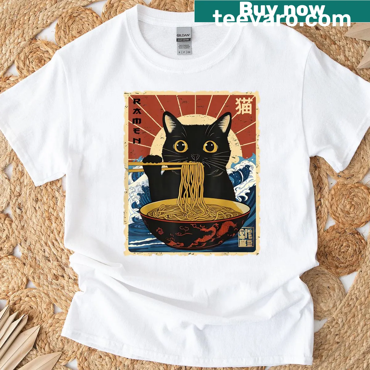 Cute cat illustration enjoying ramen on a T-shirt — on a men's t-shirt
