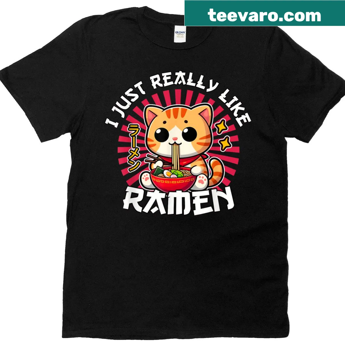 Cute kitten enjoying ramen graphic T-shirt — on a men's t-shirt