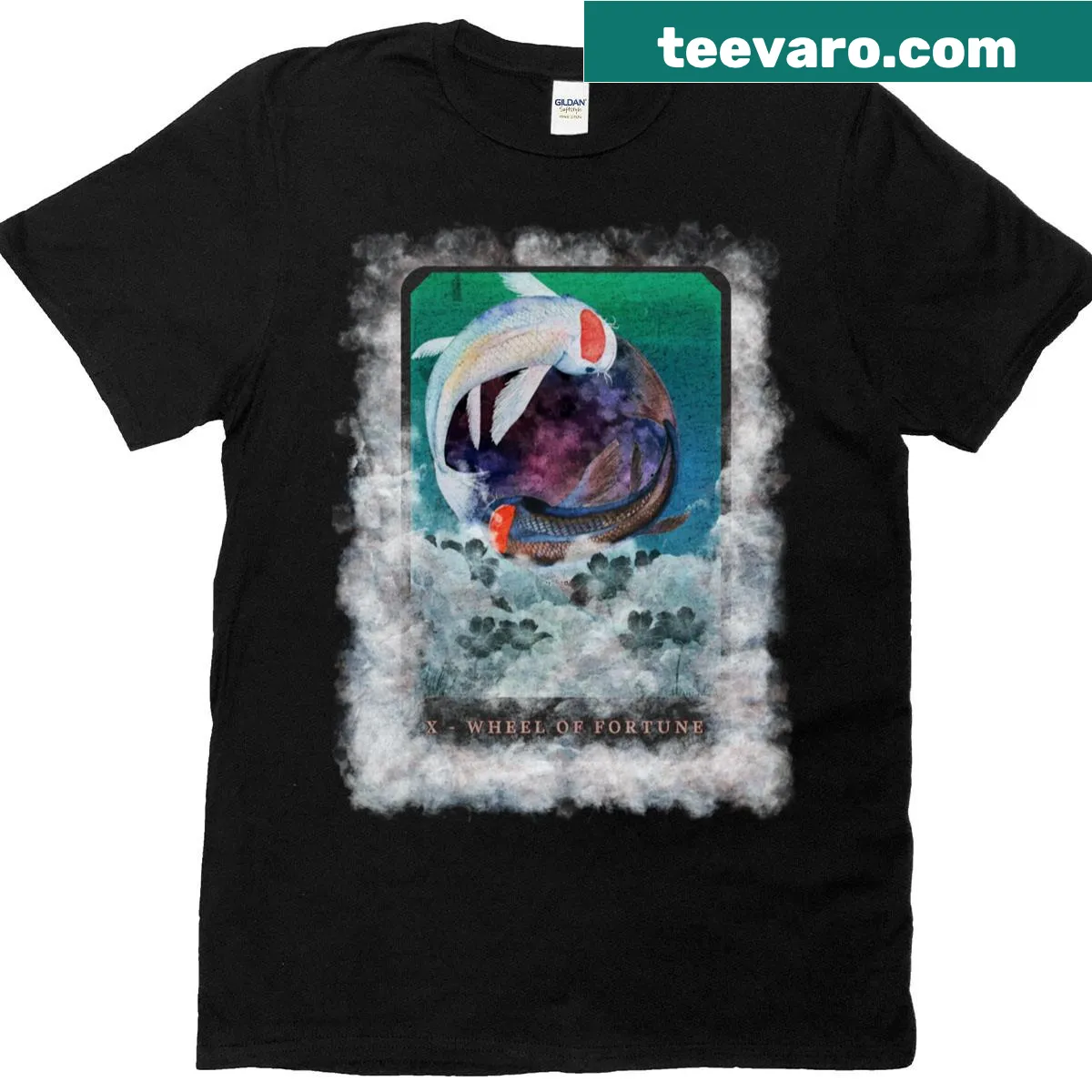 Oversized t-shirt featuring Koi Wheel of Fortune tarot design — on a men's t-shirt