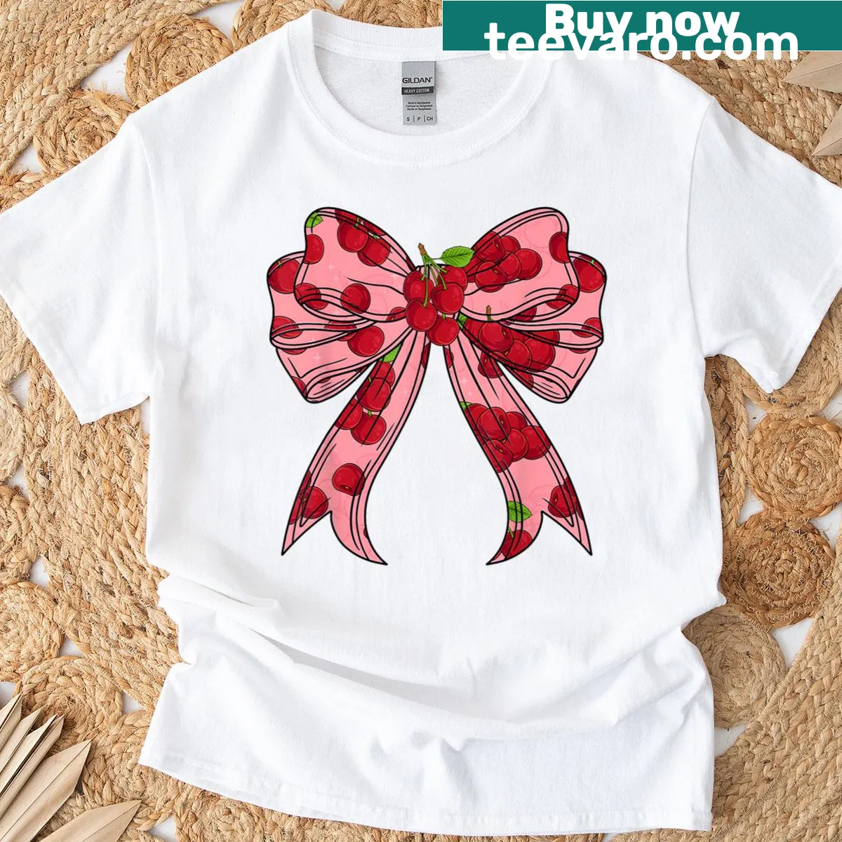 T-shirt featuring a cute bow with cherries design for women and girls. — on a men's t-shirt