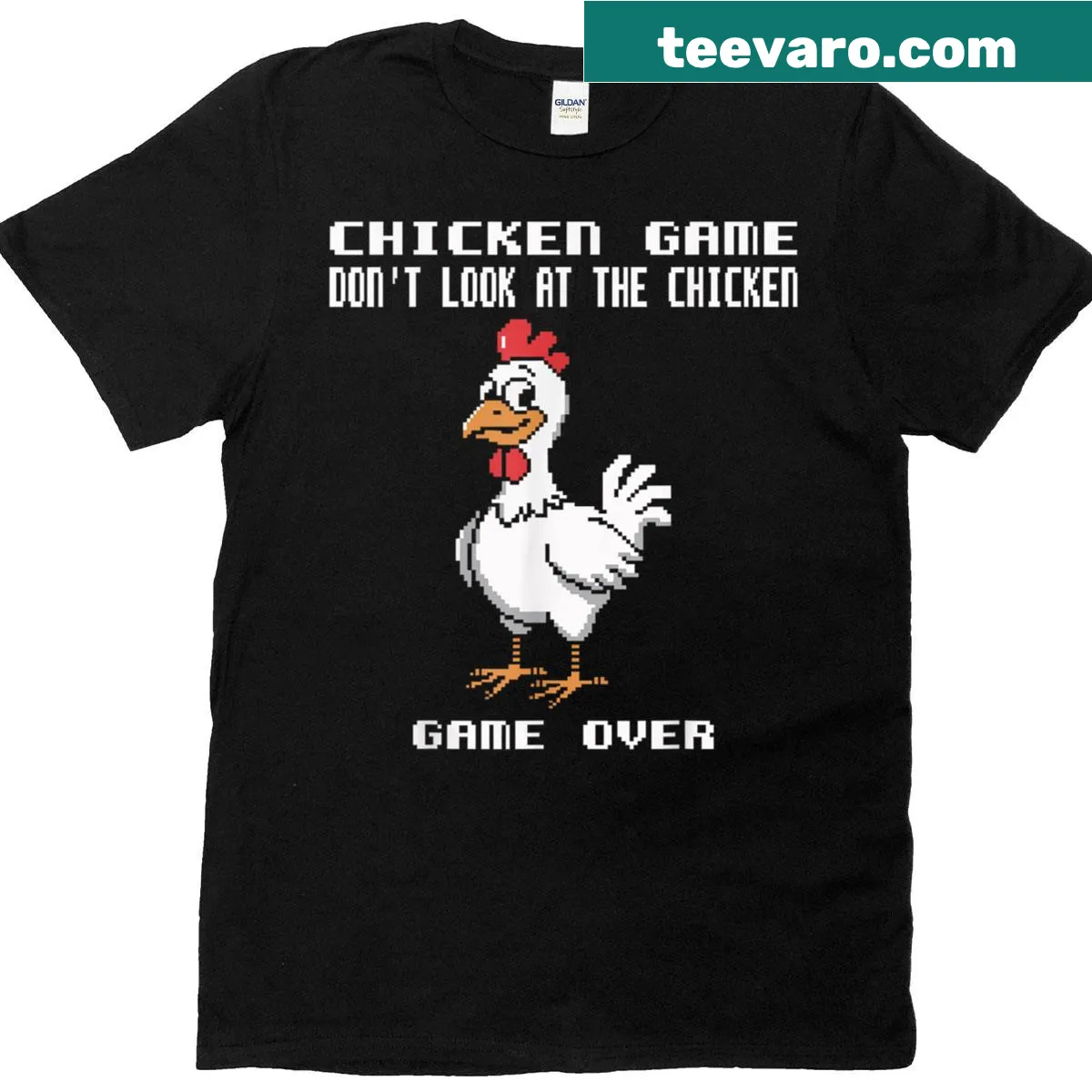 Funny Chicken Game Over t-shirt featuring a cartoon chicken and humorous text — on a men's t-shirt