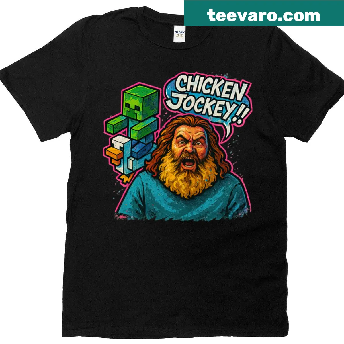 Funny Chicken Jockey graphic T-shirt for gamers — on a men's t-shirt