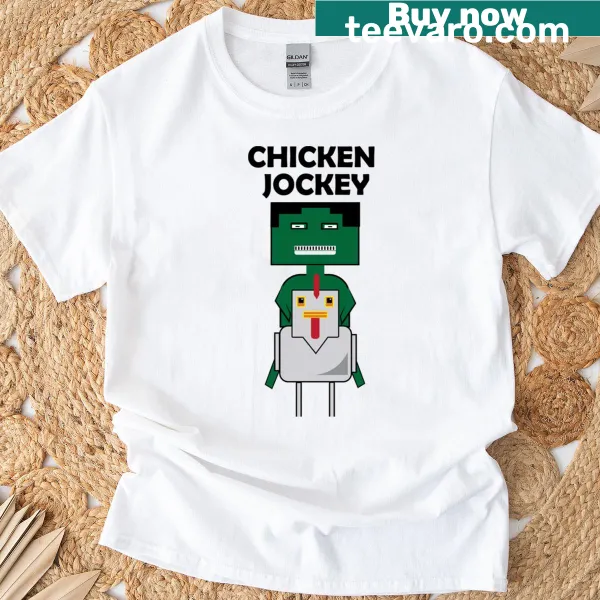 T-shirt featuring an edgy graphic of a chicken jockey in a playful design.