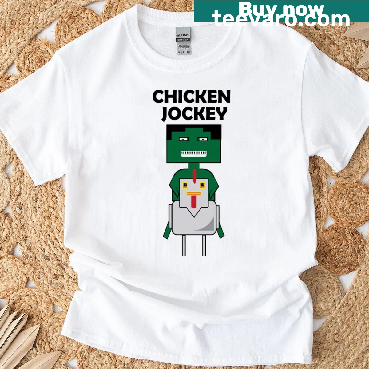 T-shirt featuring an edgy graphic of a chicken jockey in a playful design. — on a men's t-shirt