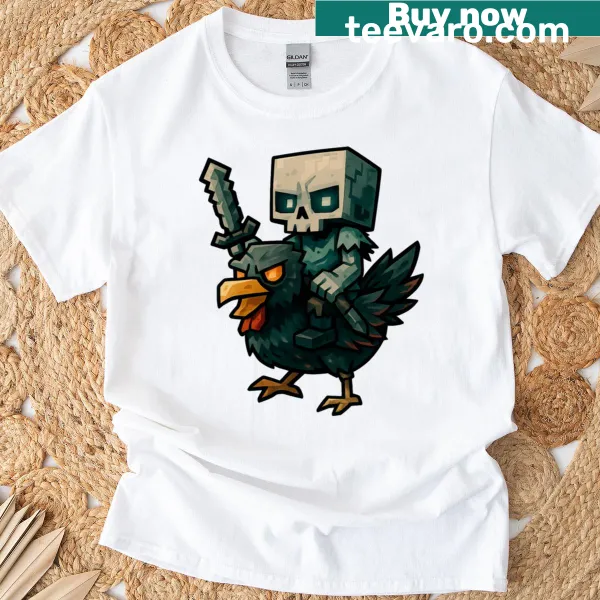 Blocky chicken jockey and baby zombie graphic on t-shirt