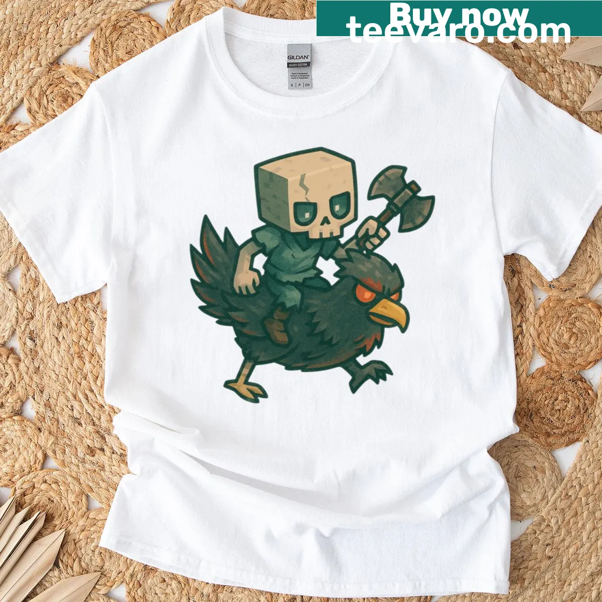 Pixelated chicken jockey graphic t-shirt for gamers — on a men's t-shirt