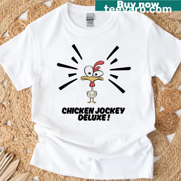 Graphic of a Chicken Jockey chasing a Creeper on a t-shirt