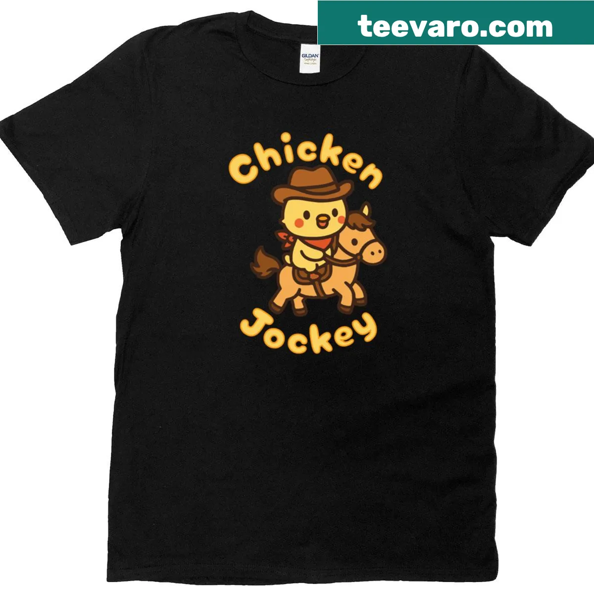 Kawaii t-shirt featuring a cute Chicken Jockey on a pony — on a men's t-shirt