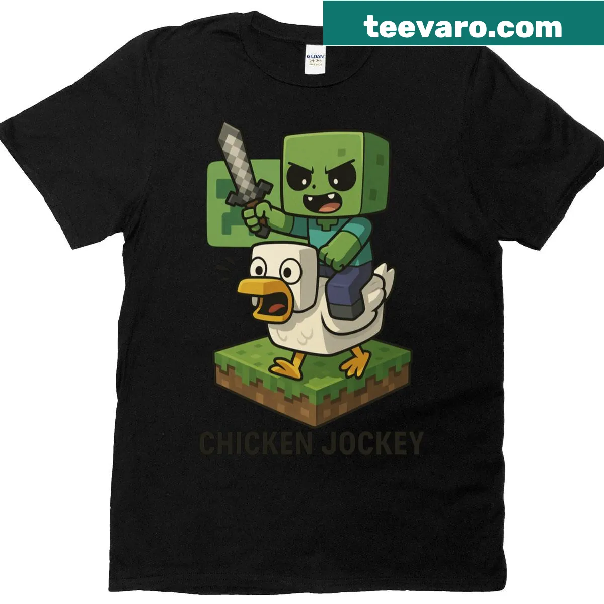 Cute pixel art Chicken Jockey for Minecraft fans on oversized shirt — on a men's t-shirt