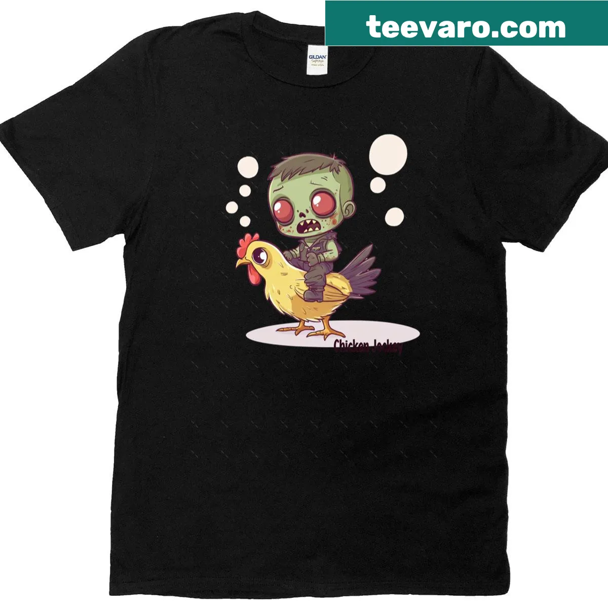 Cute oversized T-shirt with a zombie riding a chicken graphic — on a men's t-shirt