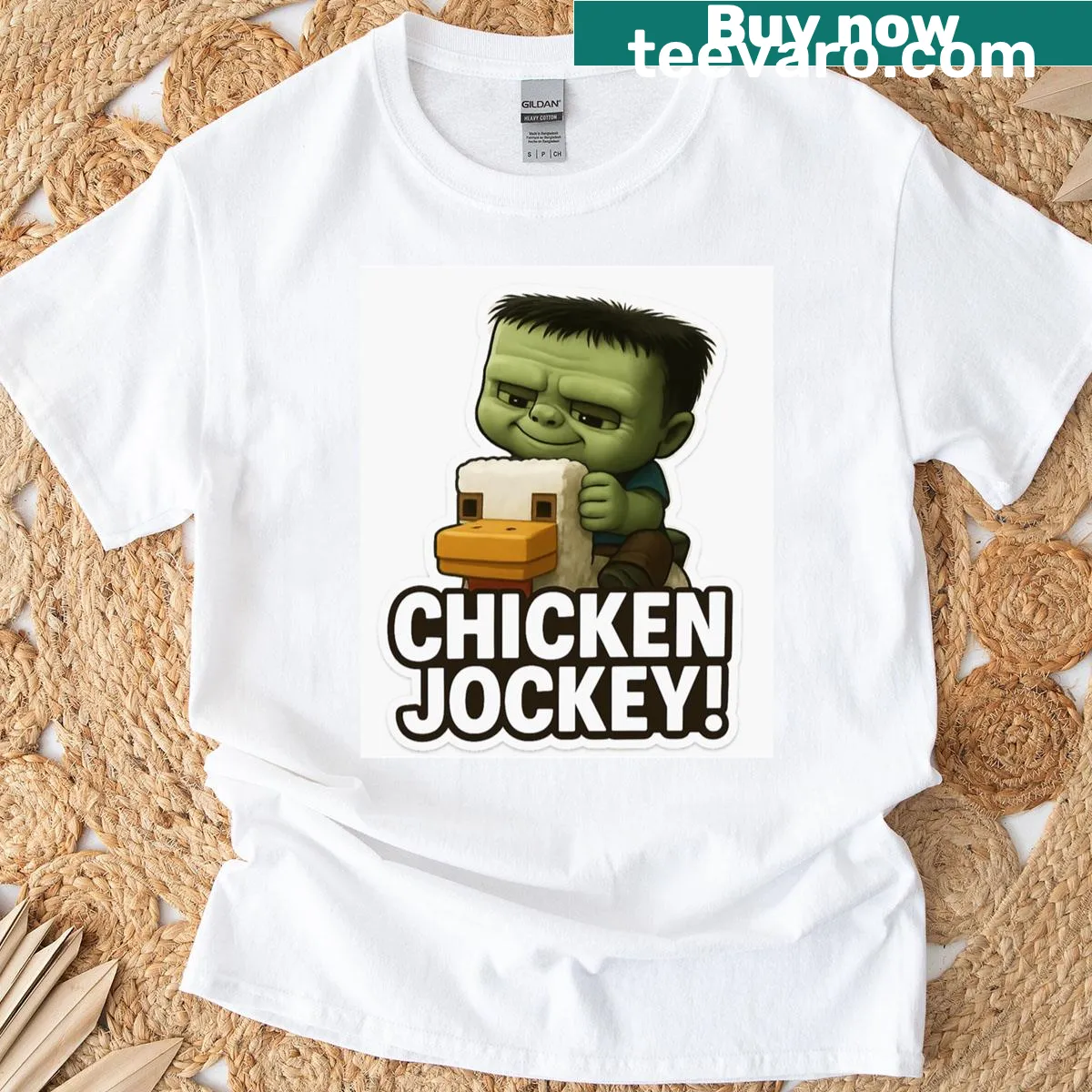 Simple chicken jockey graphic on t-shirt — on a men's t-shirt