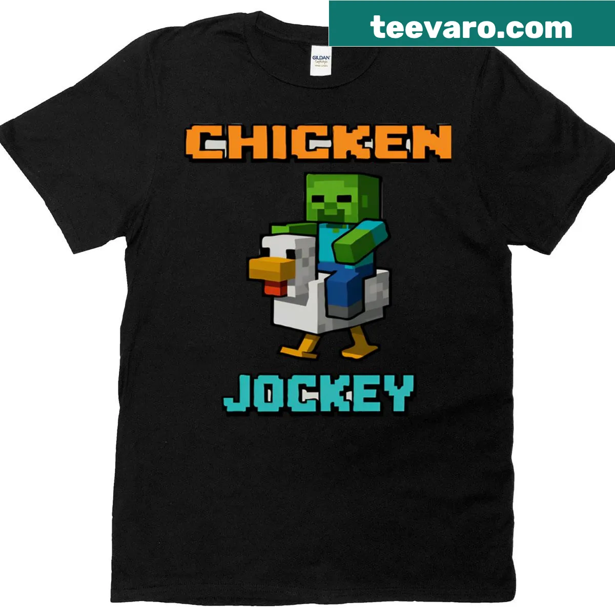 Humorous Chicken Jockey t-shirt featuring a jockey riding a chicken — on a men's t-shirt